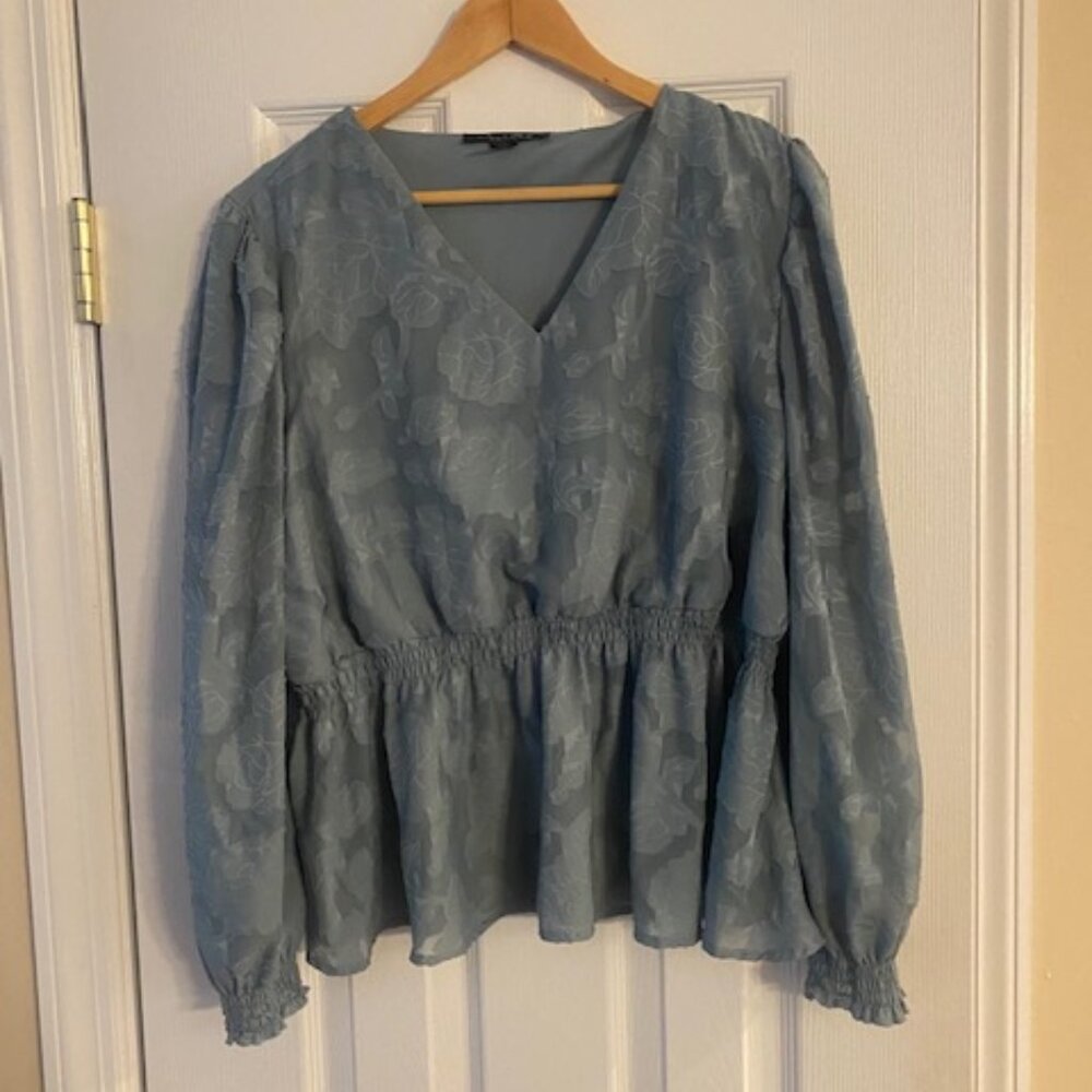 A Love Story Women's Blue Green Sheer Floral Shirred  Peplum Blouse Top Size XL